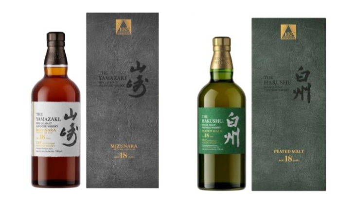 YAMAZAKI 18 YEARS MIZUNARA & HAKUSHU 18 YEARS PEATED MALT 100 TH SUNTORY ANNIVERSARY